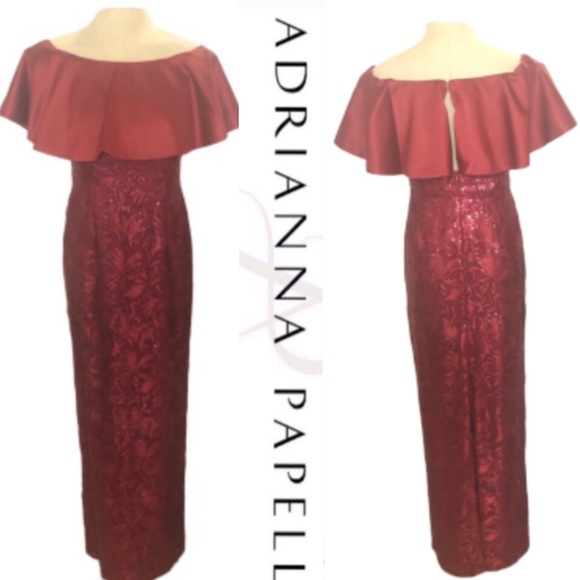 Adrianna Papell off the shoulder flounce red sequin dress - Picture 2 of 6